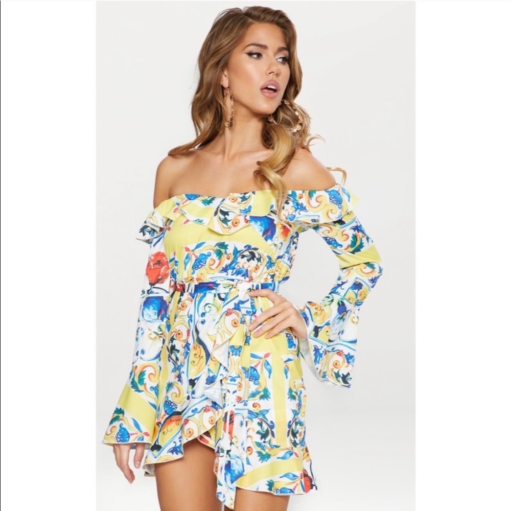 PLT Yellow and Blue Ruffle Dress with Waist Belt